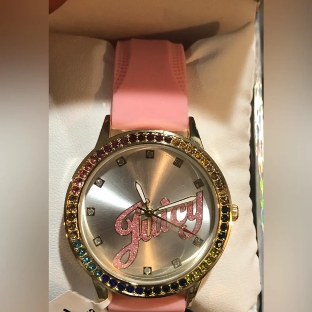 Juicy Couture black label pink silicon strap silver face rainbow dial‎ watch new